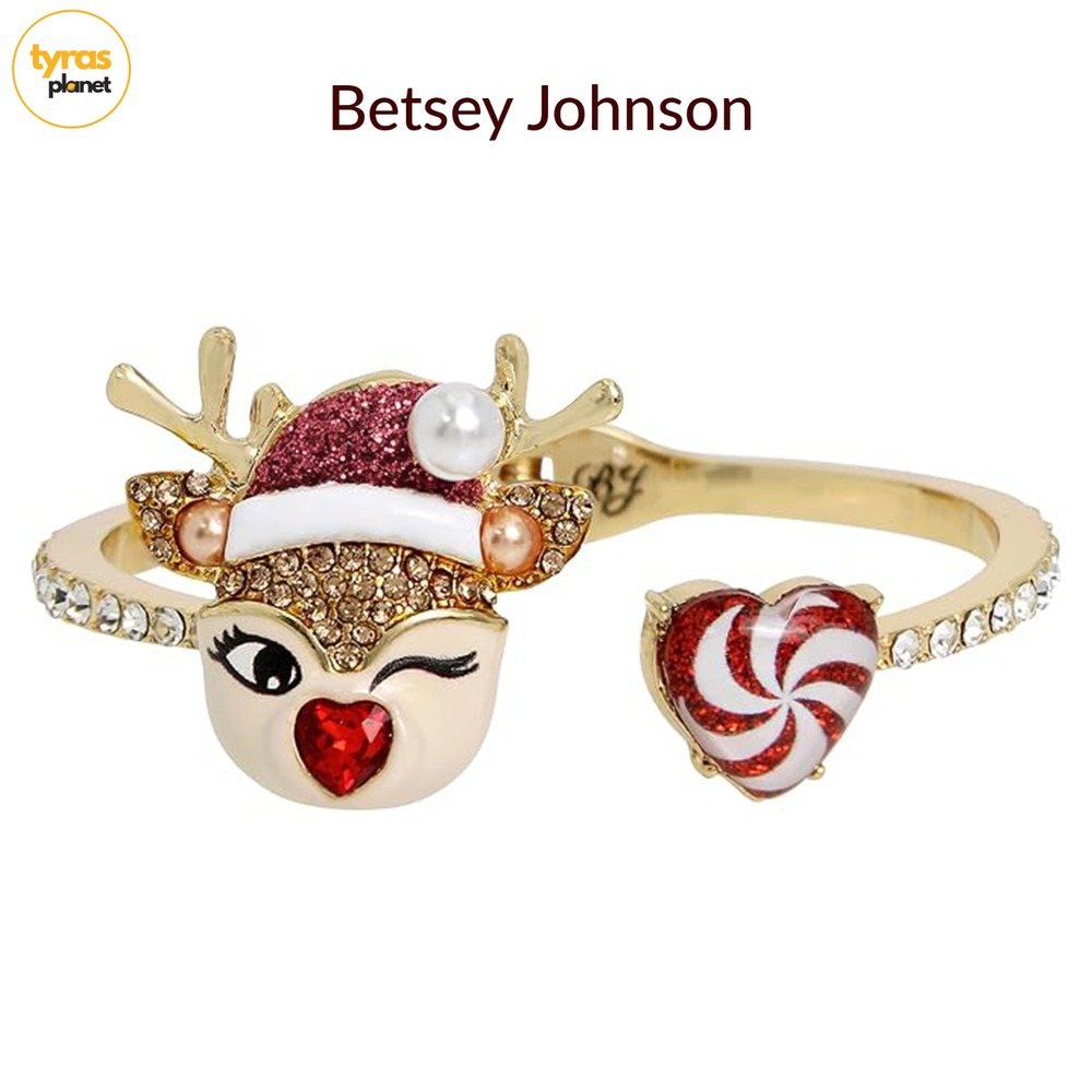 Betsey Johnson Reindeer Christmas Winking Pave Crystal Hinged Bangle Bracelet